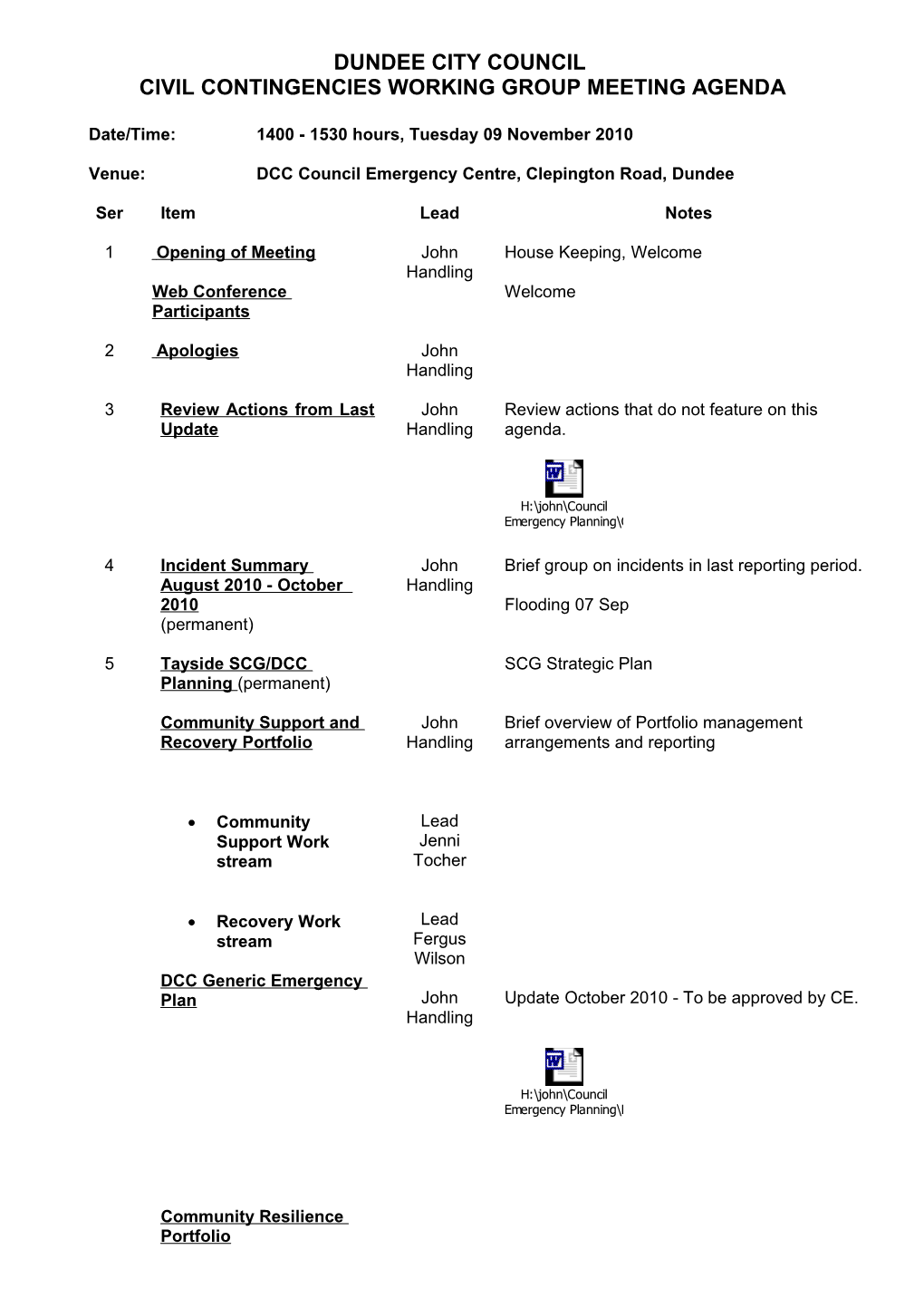 Civil Contingencies Working Group Meeting Agenda