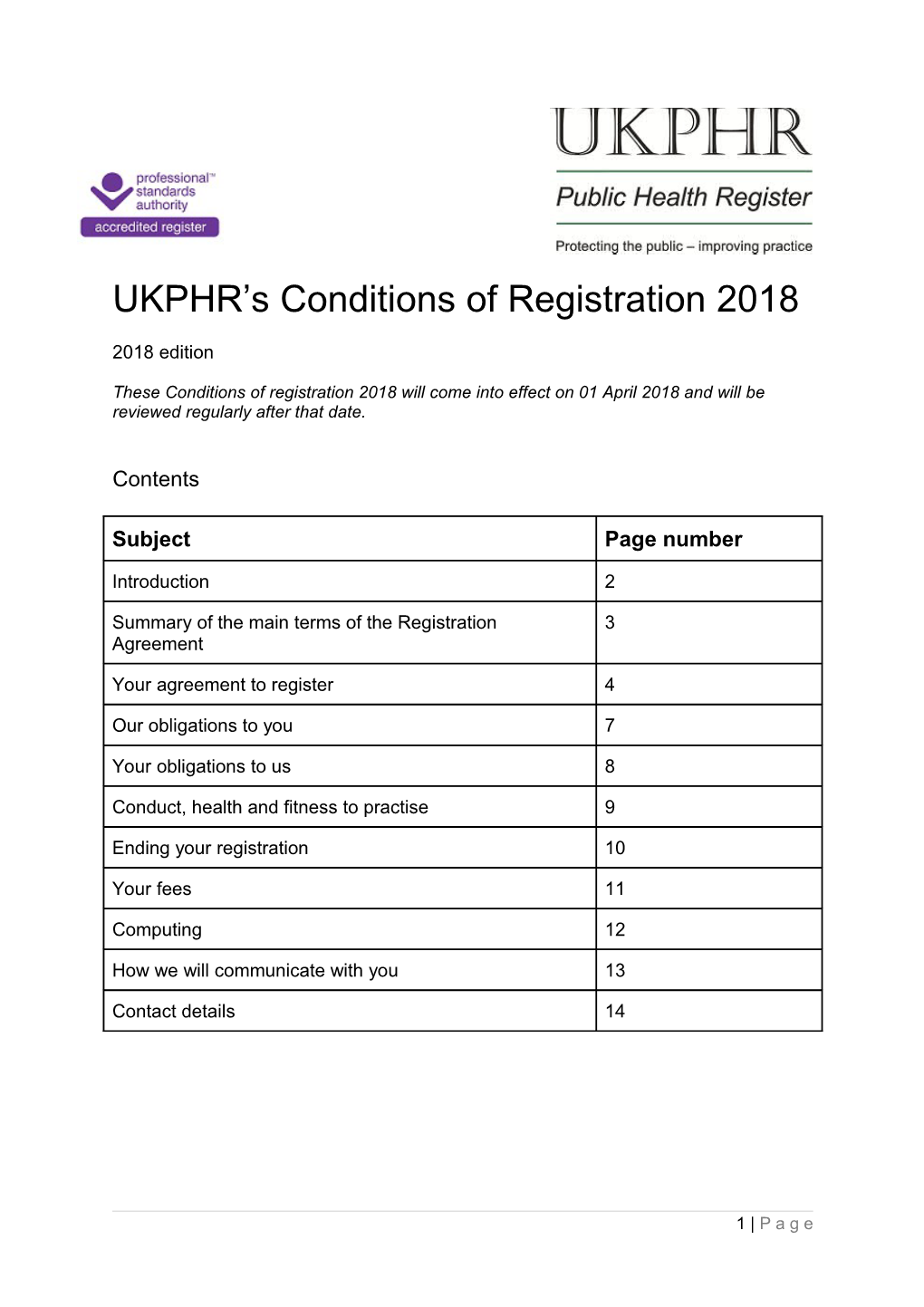 About These Conditions of Registration