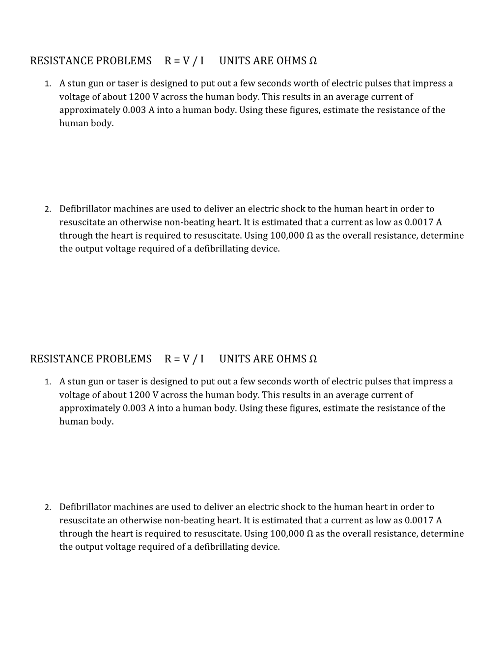 Resistance Problems R = V / I Units Are Ohms Ω