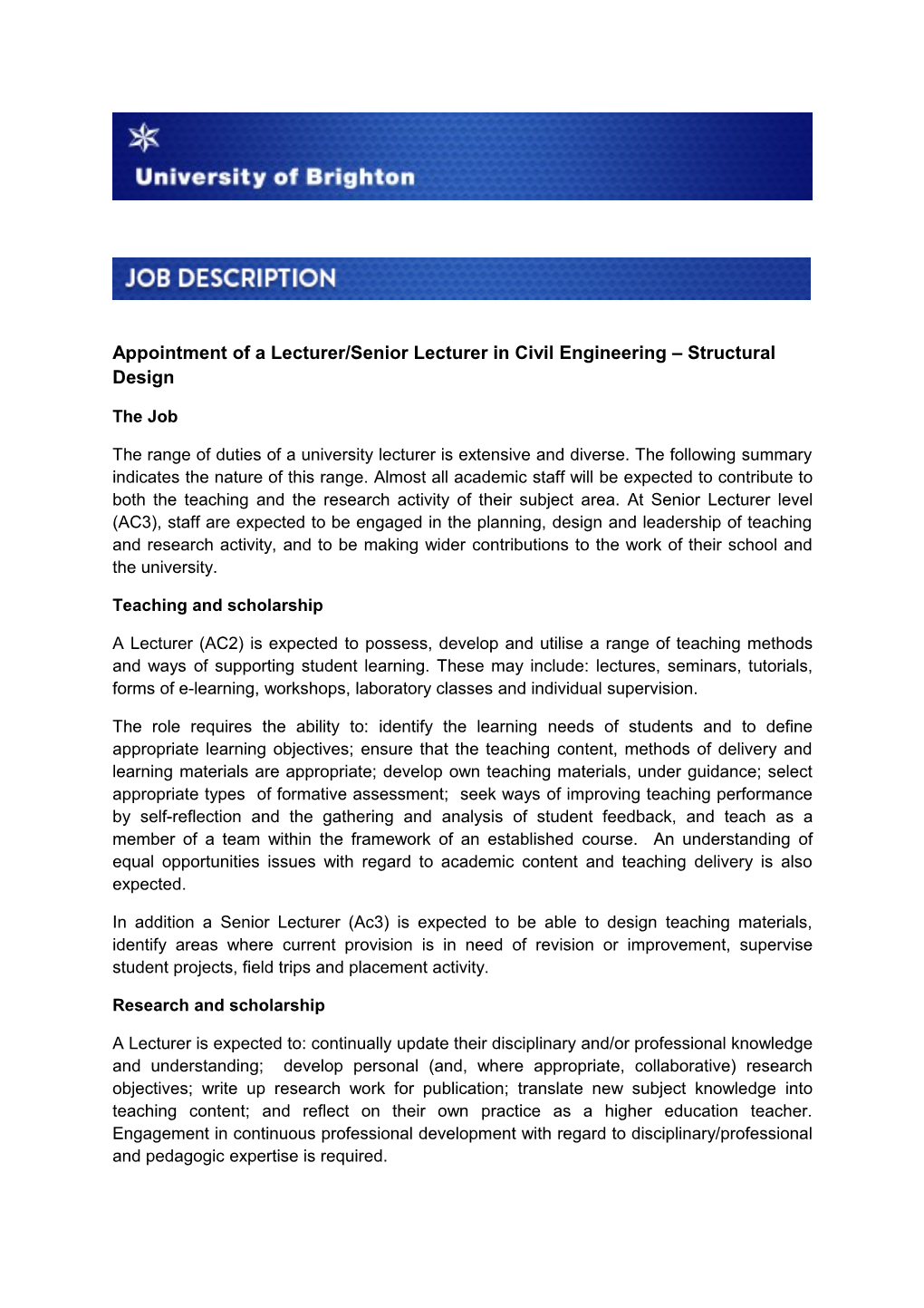 Appointment of a Lecturer/Senior Lecturer in Civil Engineering Structural Design