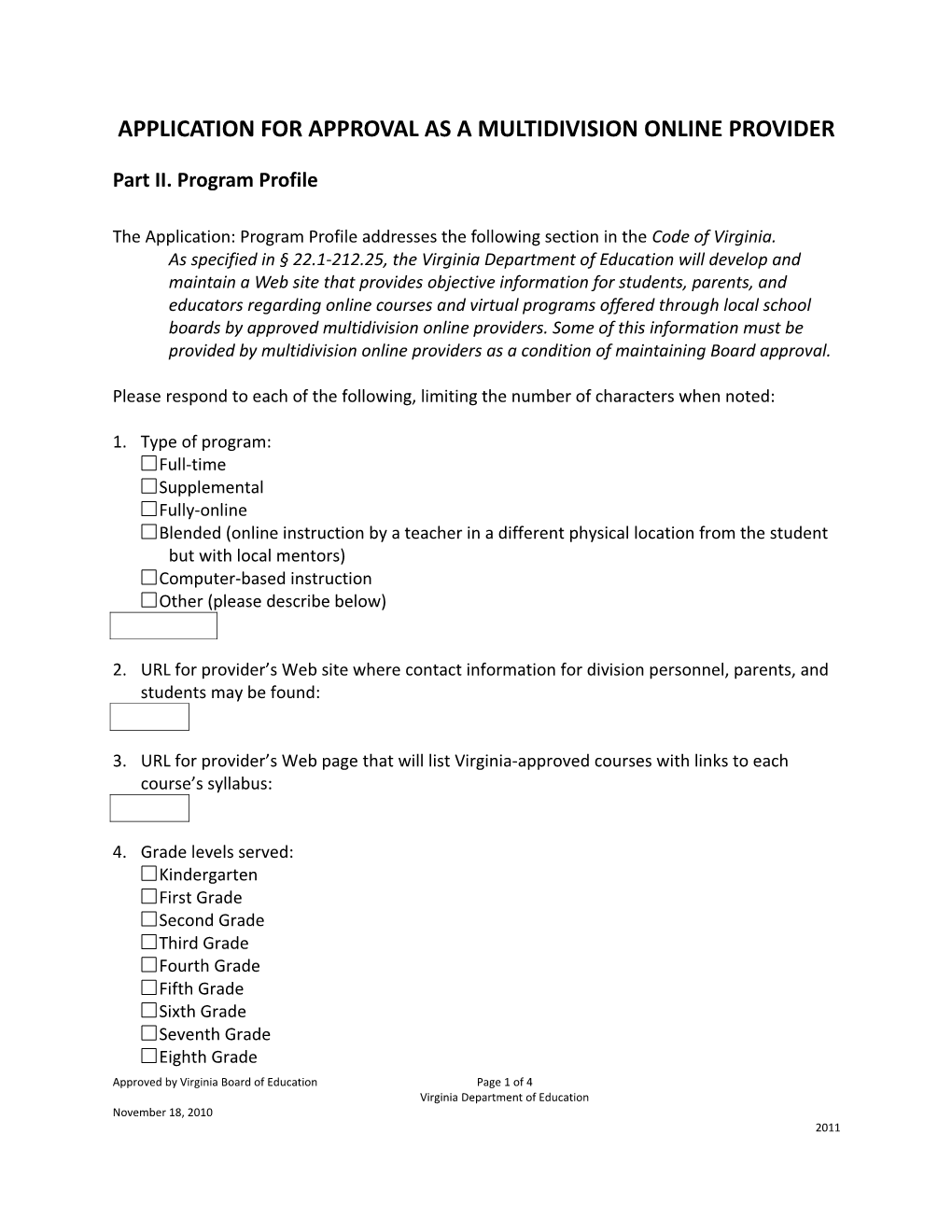 Application for Approval As a Multidivision Online Provider