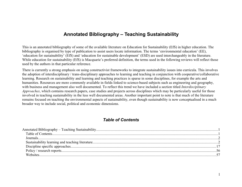 Annotated Bibliography Teaching Sustainability