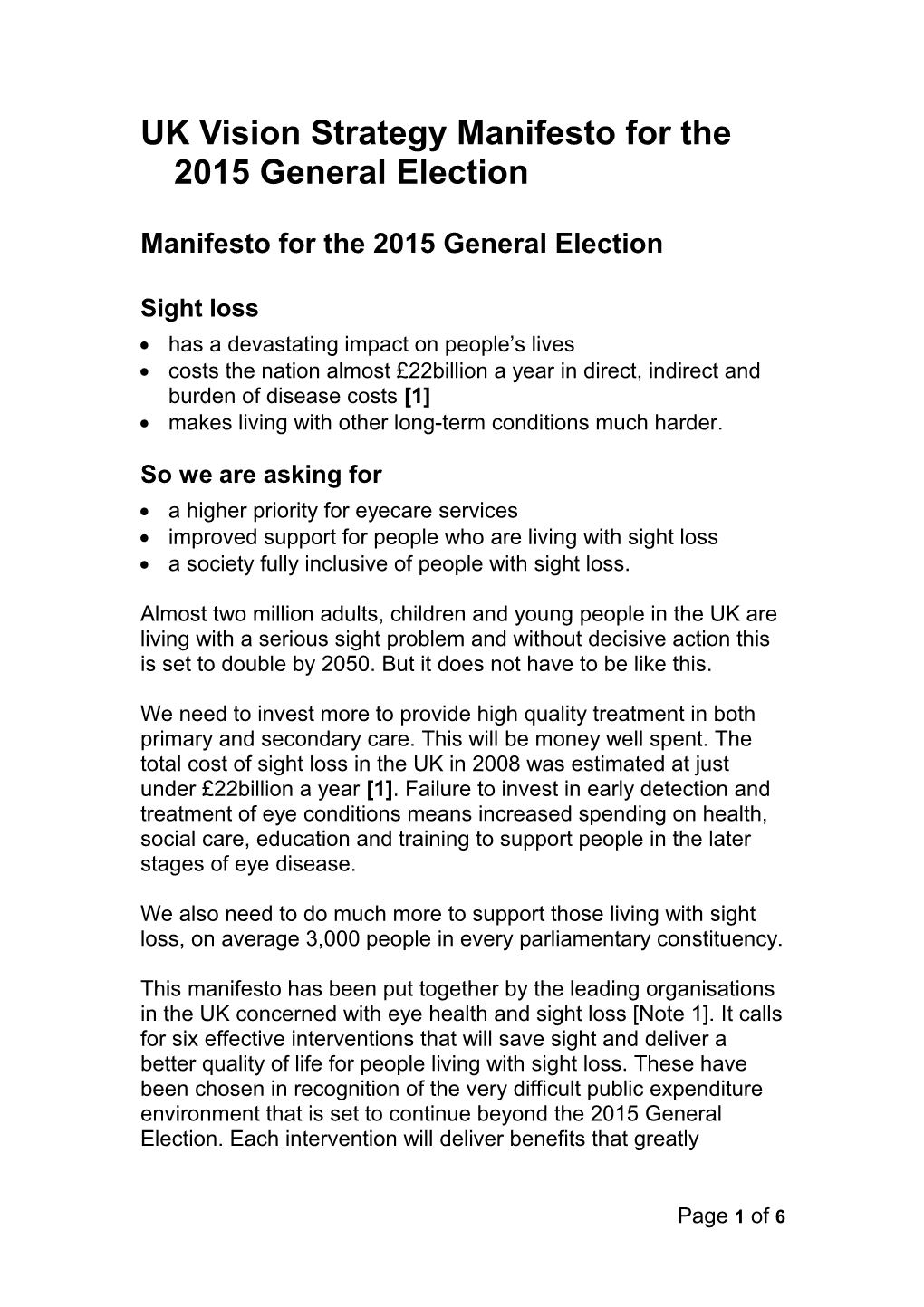UK Vision Strategy Manifesto for the 2015 General Election