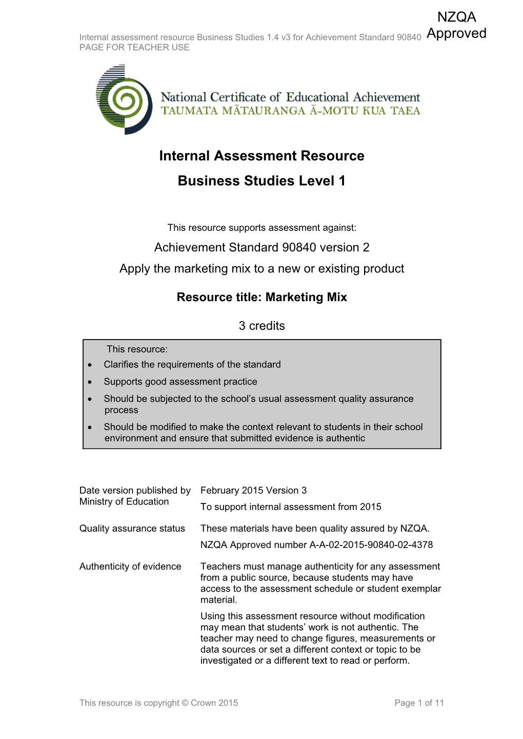 Level 1 Business Studies Internal Assessment Resource