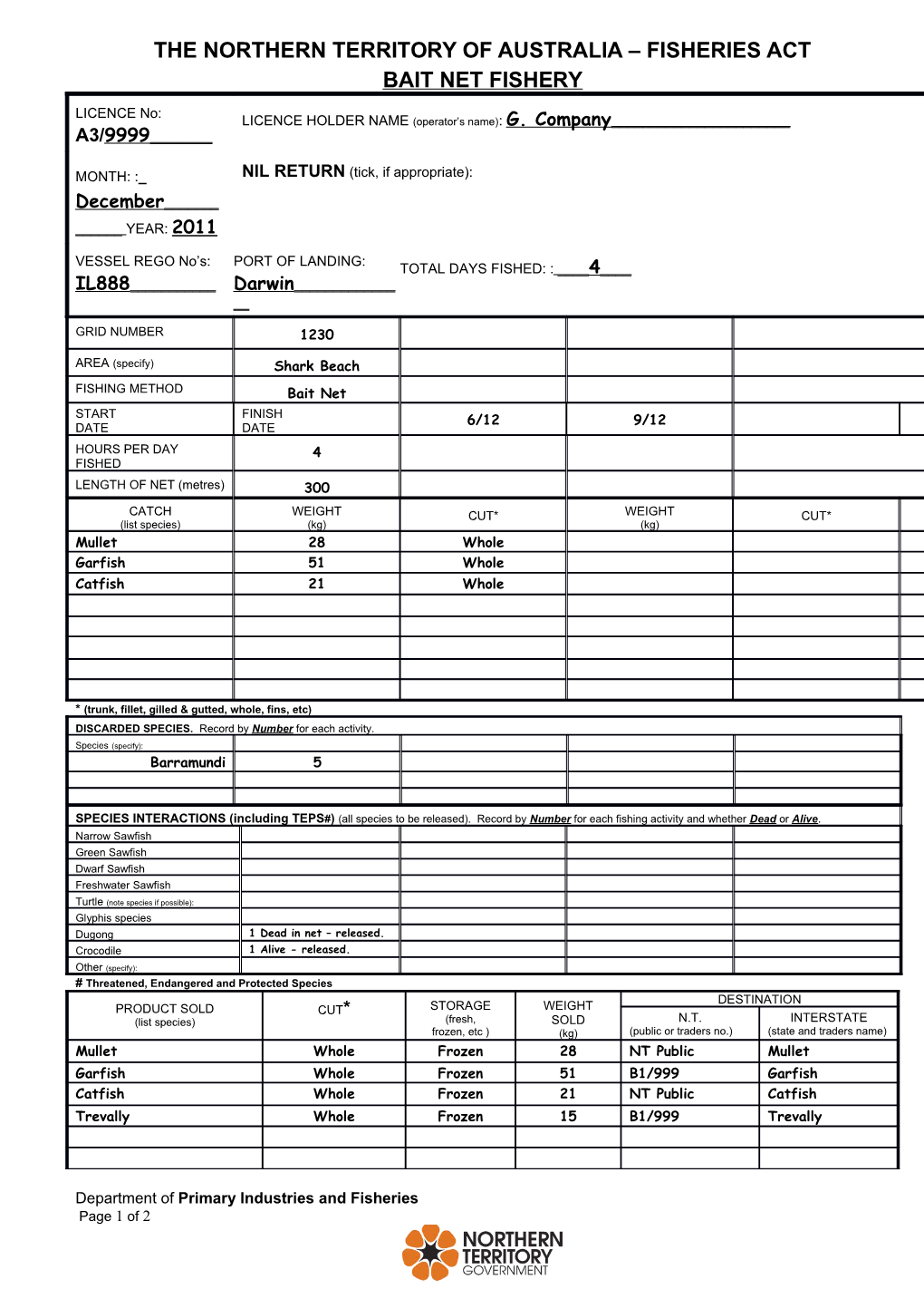 Bait Net Fishery Logbook Return Form Example