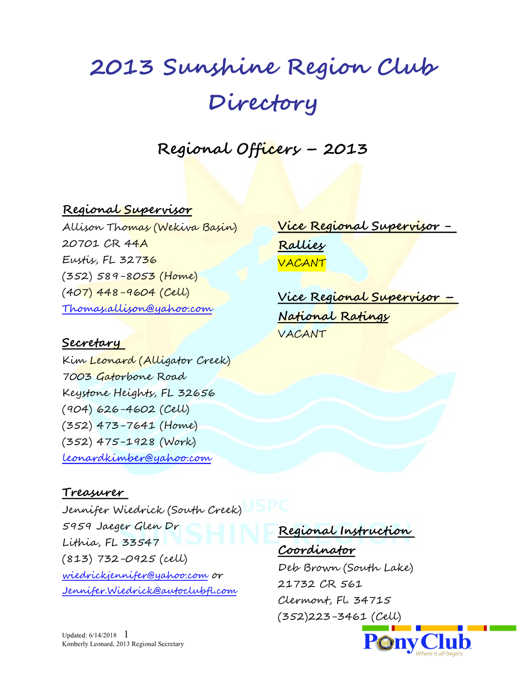 2007 Sunshine Region Club Directory