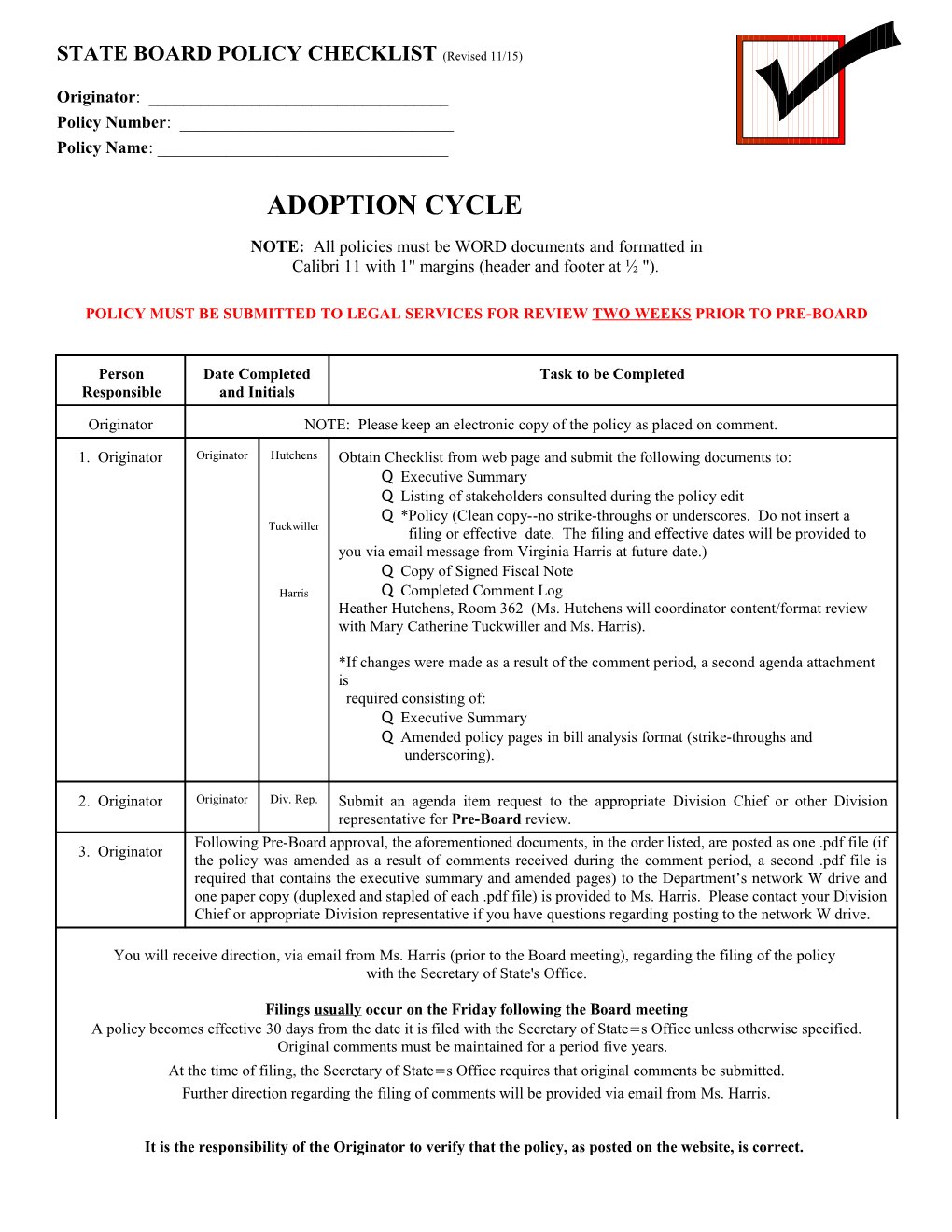 STATE BOARD POLICY CHECKLIST (Revised 11/15)