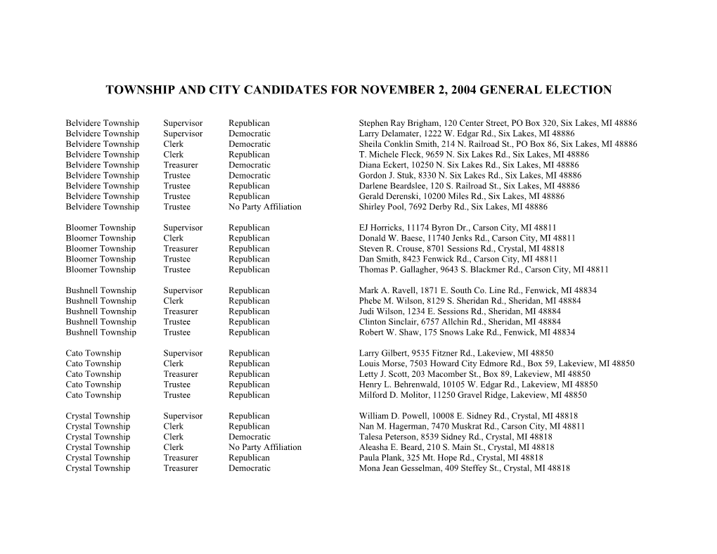 Township and City Candidates for November 2, 2004 General Election