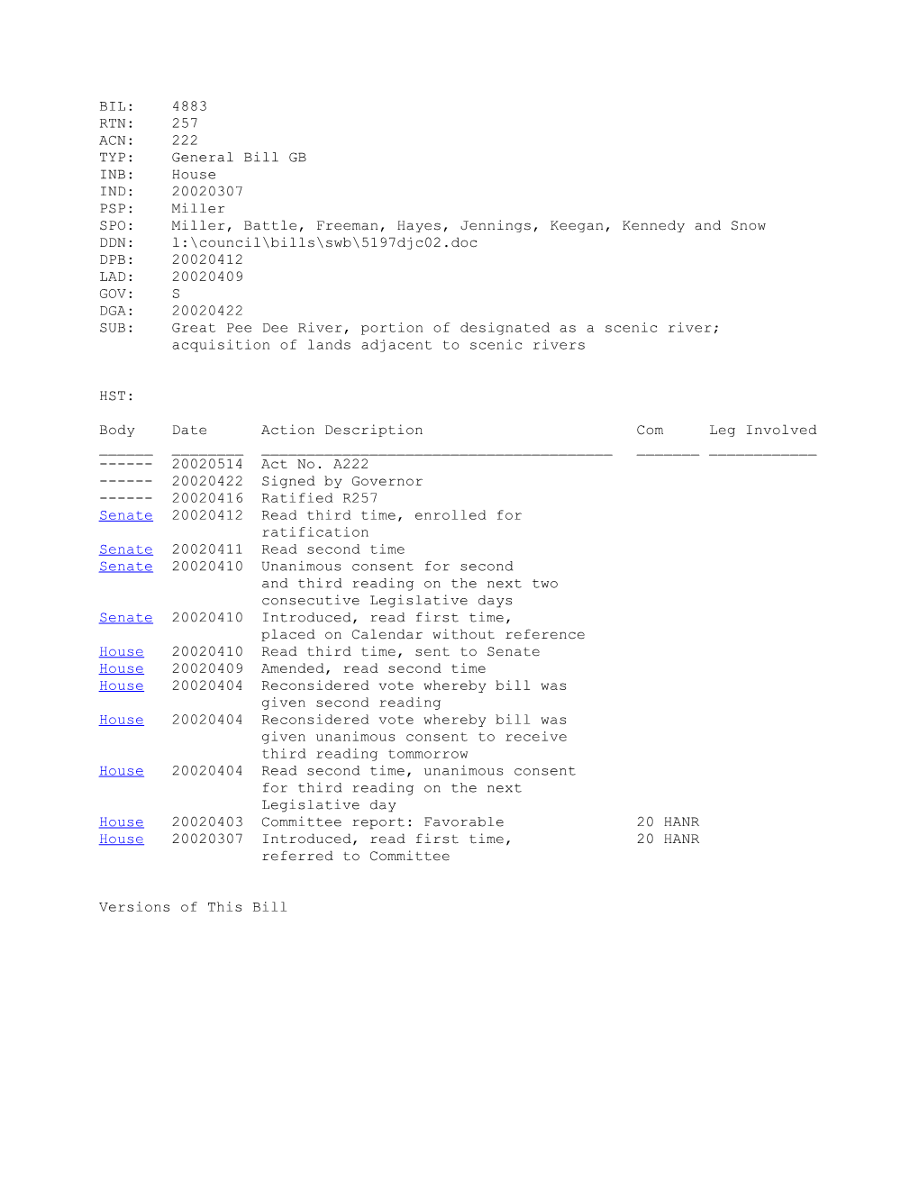 2001-2002 Bill 4883: Great Pee Dee River, Portion of Designated As a Scenic River; Acquisition