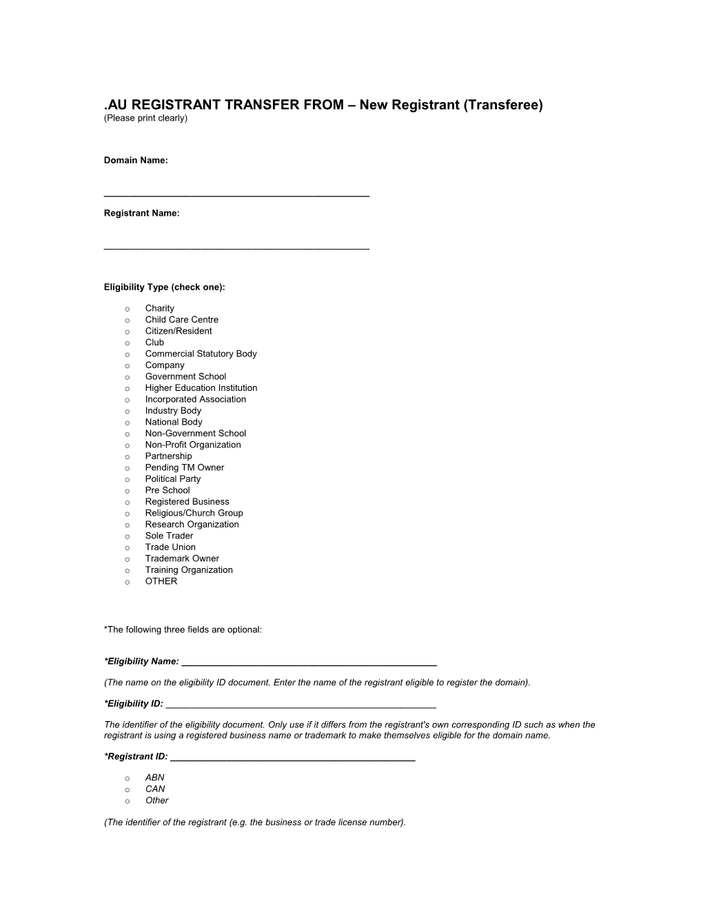 AU REGISTRANT TRANSFER from New Registrant (Transferee)