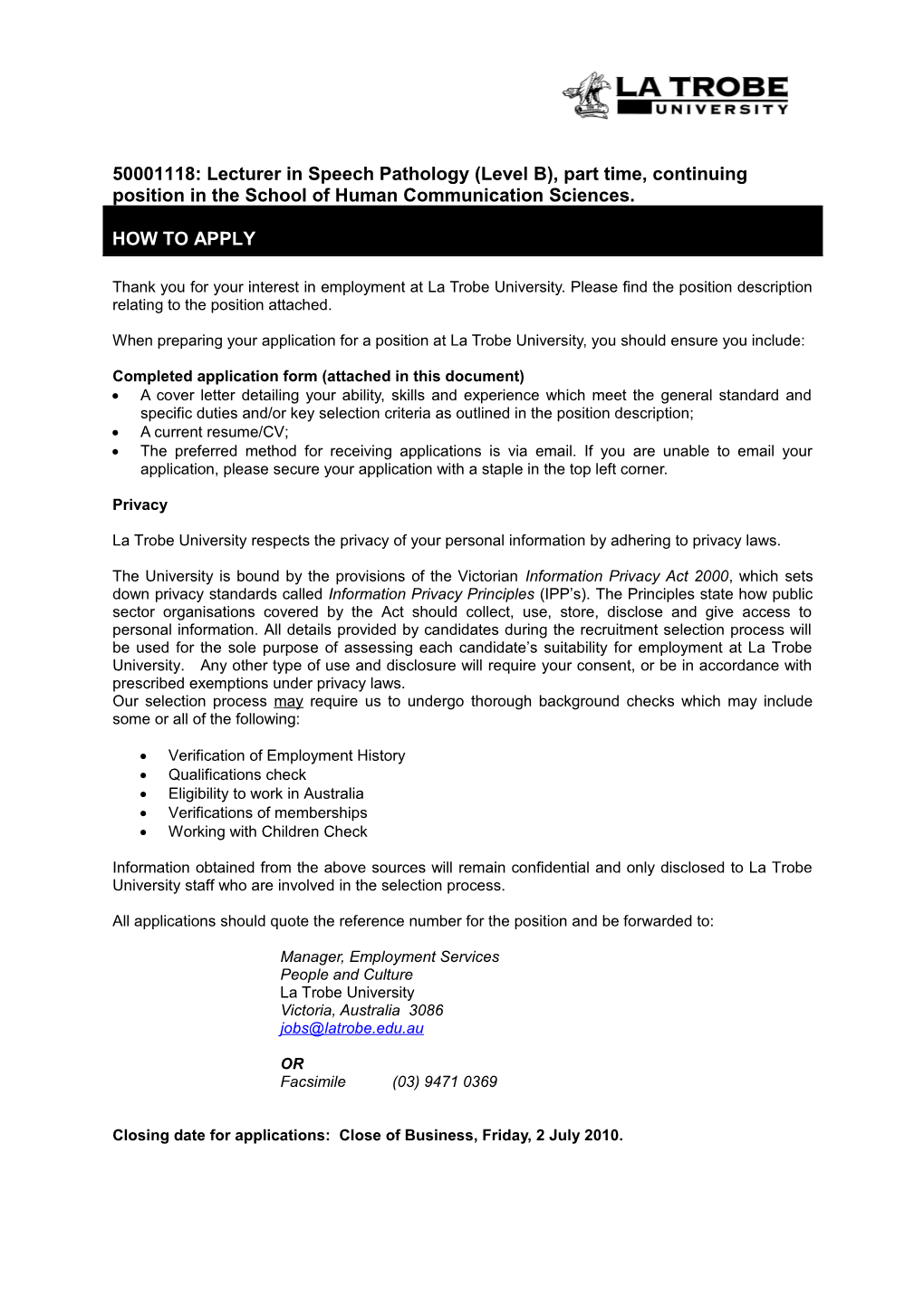 50001118: Lecturer in Speech Pathology (Level B), Part Time, Continuing Position in The