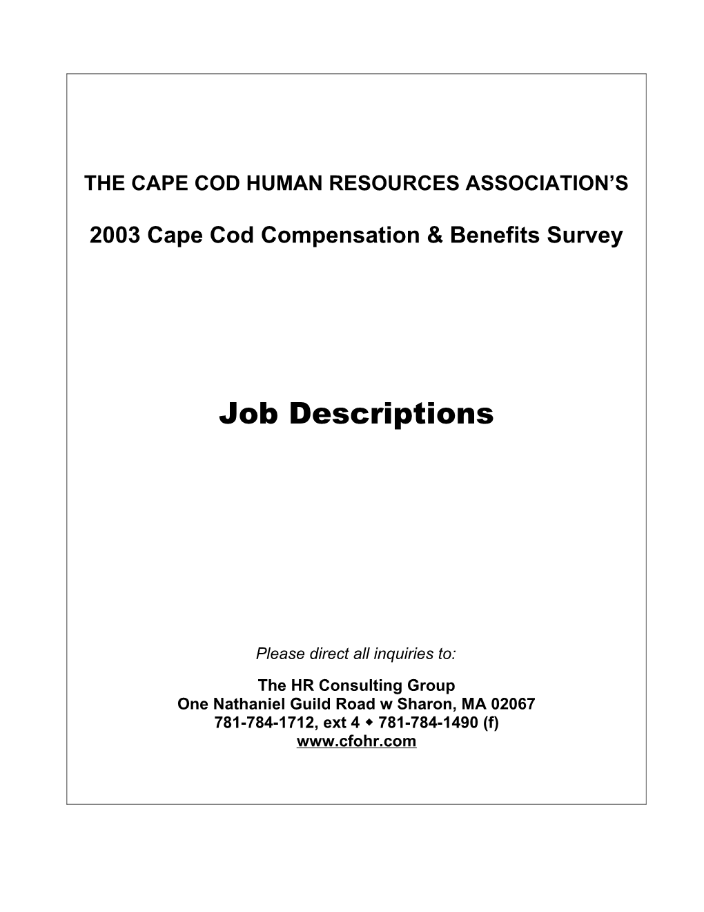 2003 Cape Cod Compensation & Benefits Survey Job Descriptions