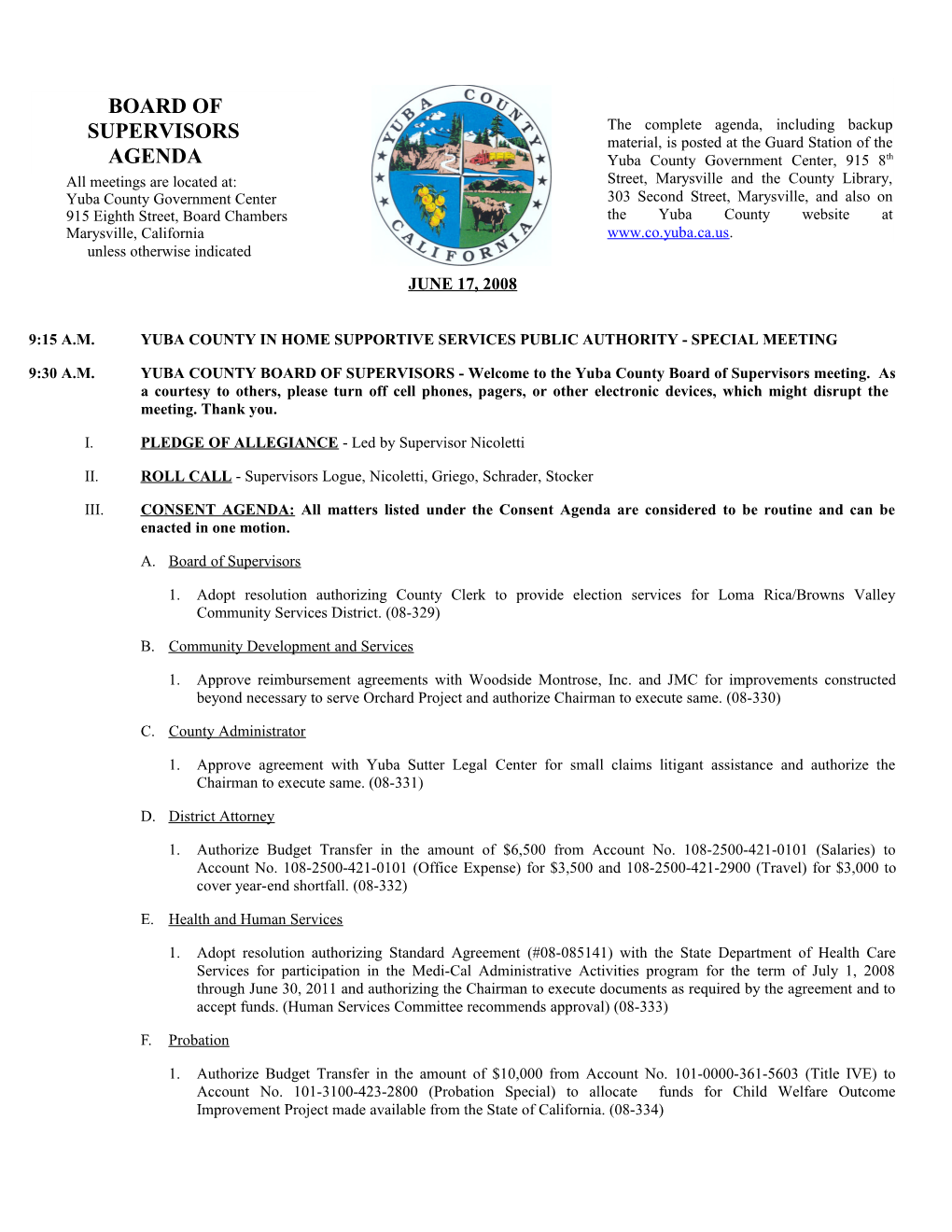 9:15 A.M.Yuba County in Home Supportive Services Public Authority - Special Meeting