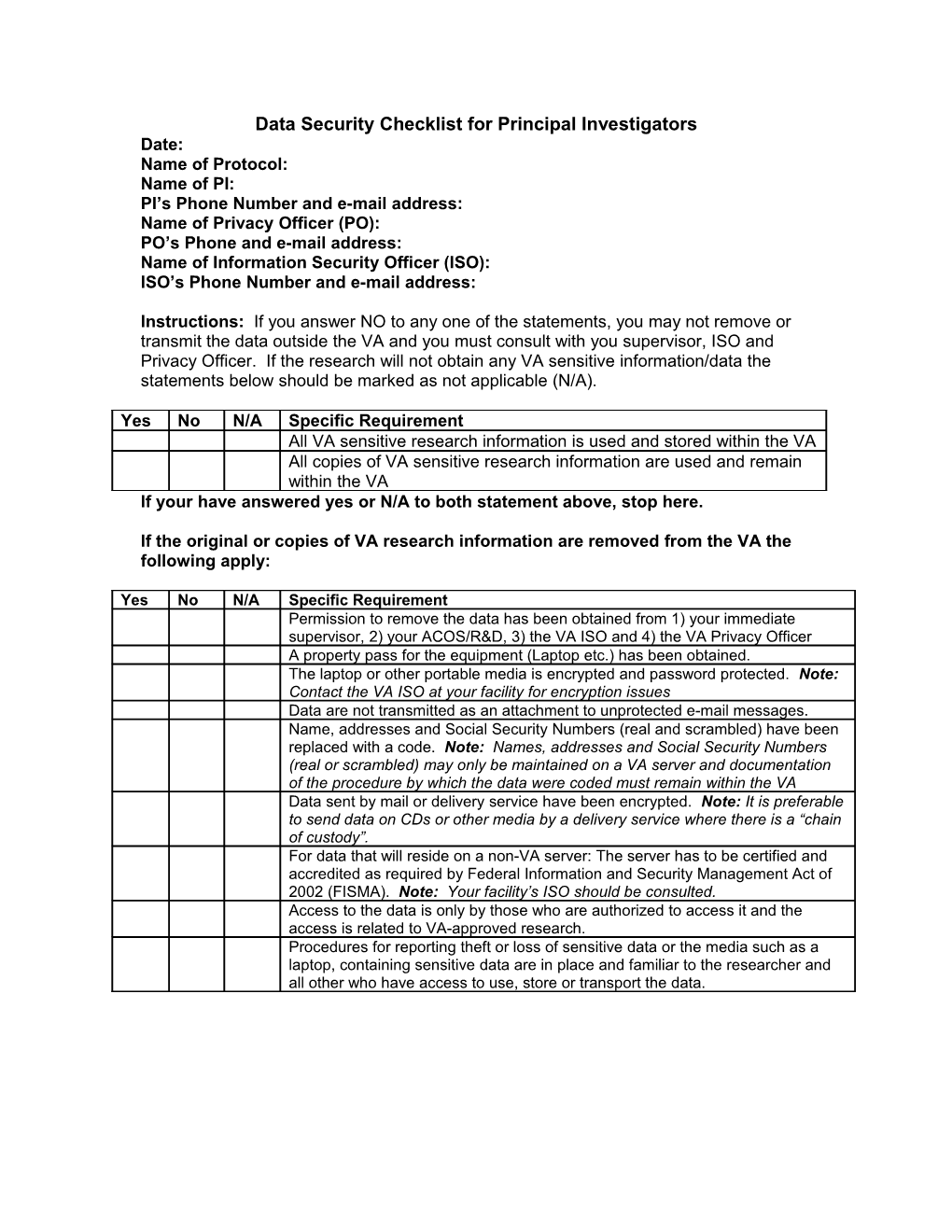 Data Security Checklist for Principal Investigators