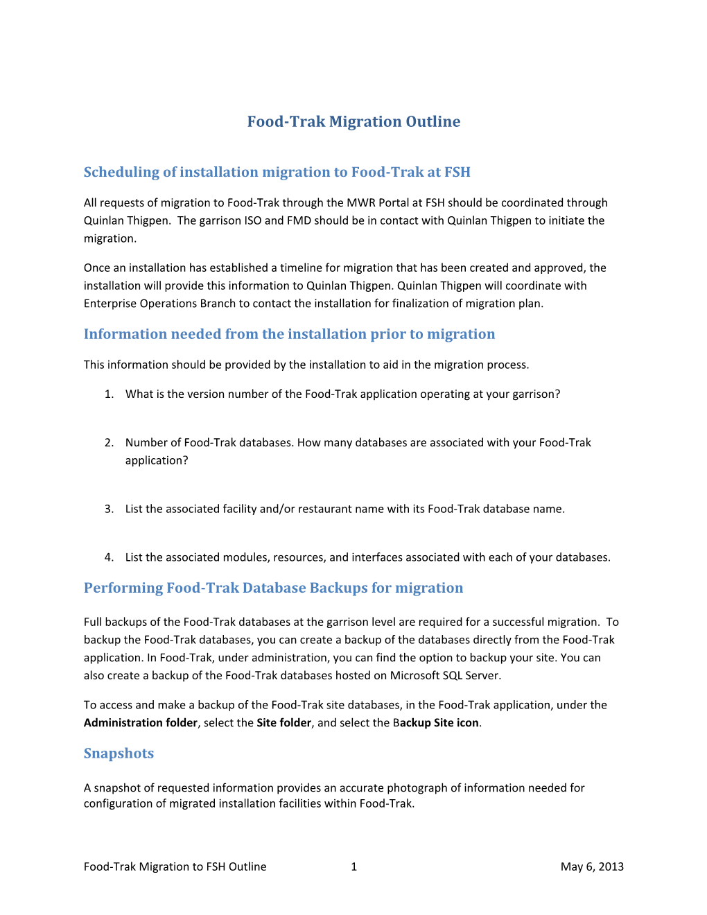 Food-Trak Migration Outline