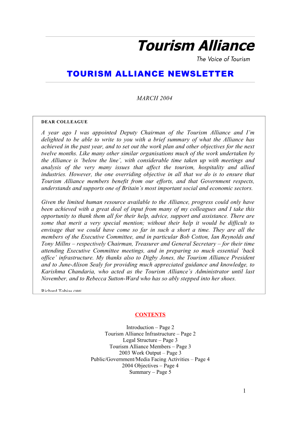 Tourism Alliance Briefing
