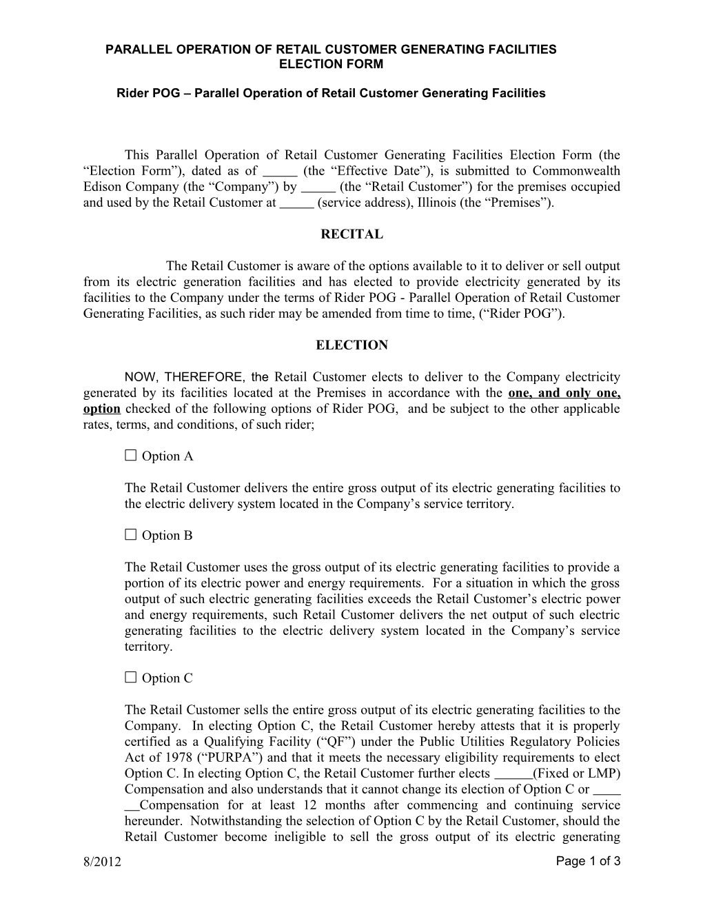 Parallel Operation of Retail Customer Generating Facilities