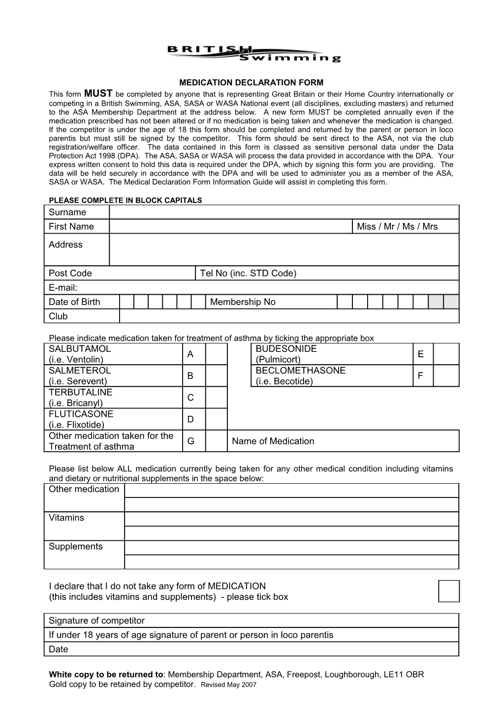 As Part of the Registration Process This Form Should Be Completed and Returned by Any Competitor