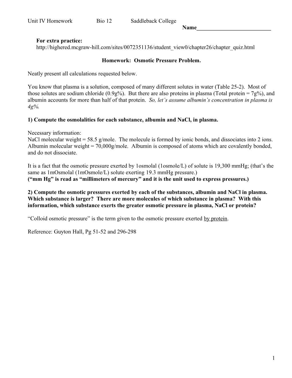 Homework: Osmotic Pressure Calculation Problem