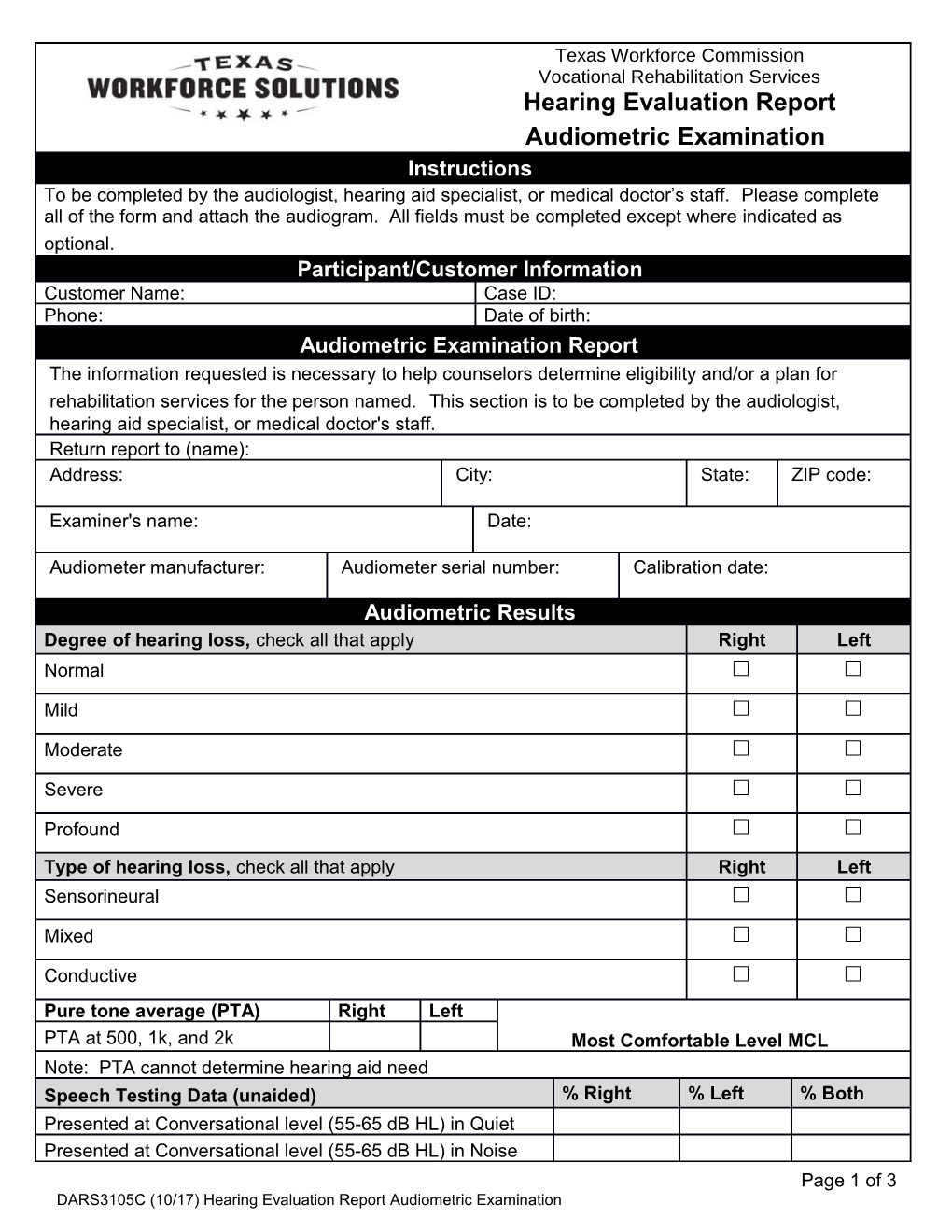 DARS3105C Hearing Evaluation Report Audiometric Examination