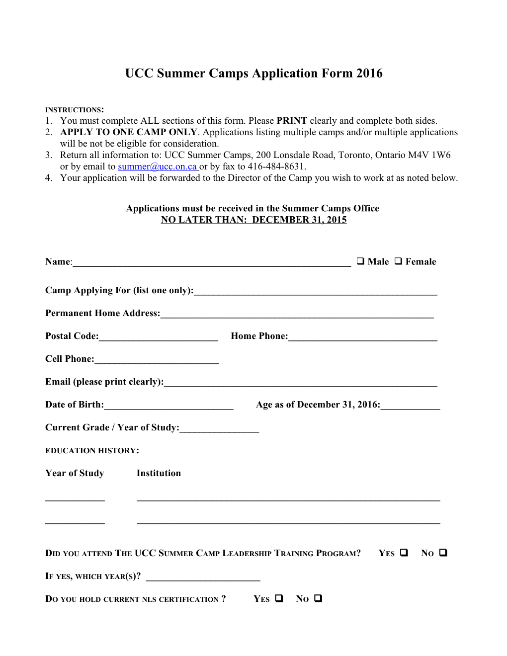 UCC Summer Programs Application Form