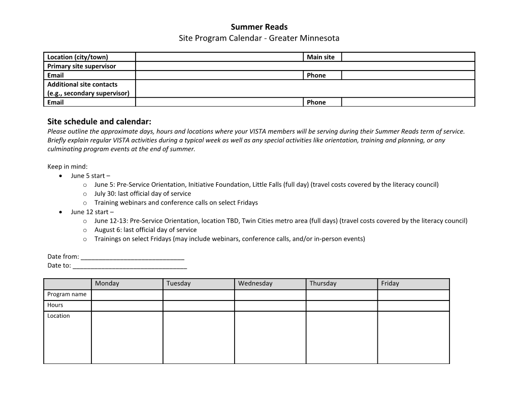 Site Schedule and Calendar