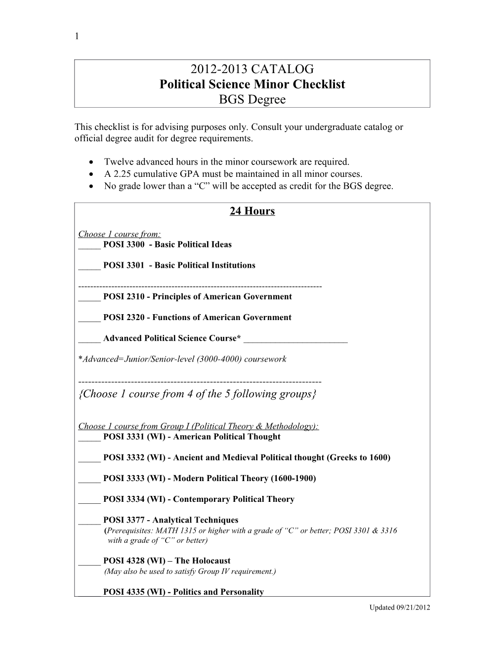 Political Science Minor Checklist
