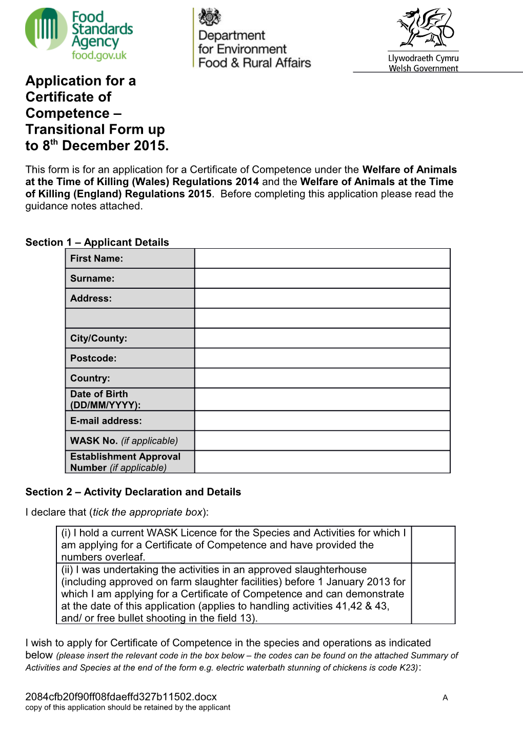 WEL (EW) Transitional Form Oct 2015 V2