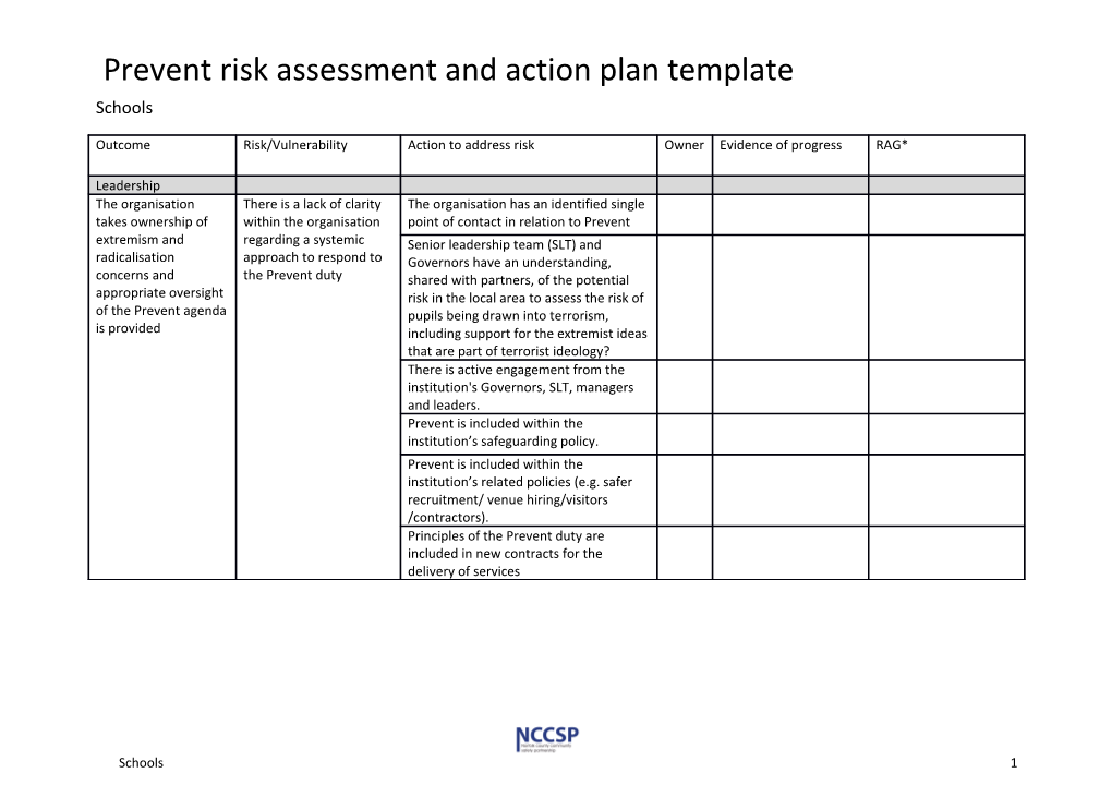 Prevent Risk Assessment and Action Plan Template
