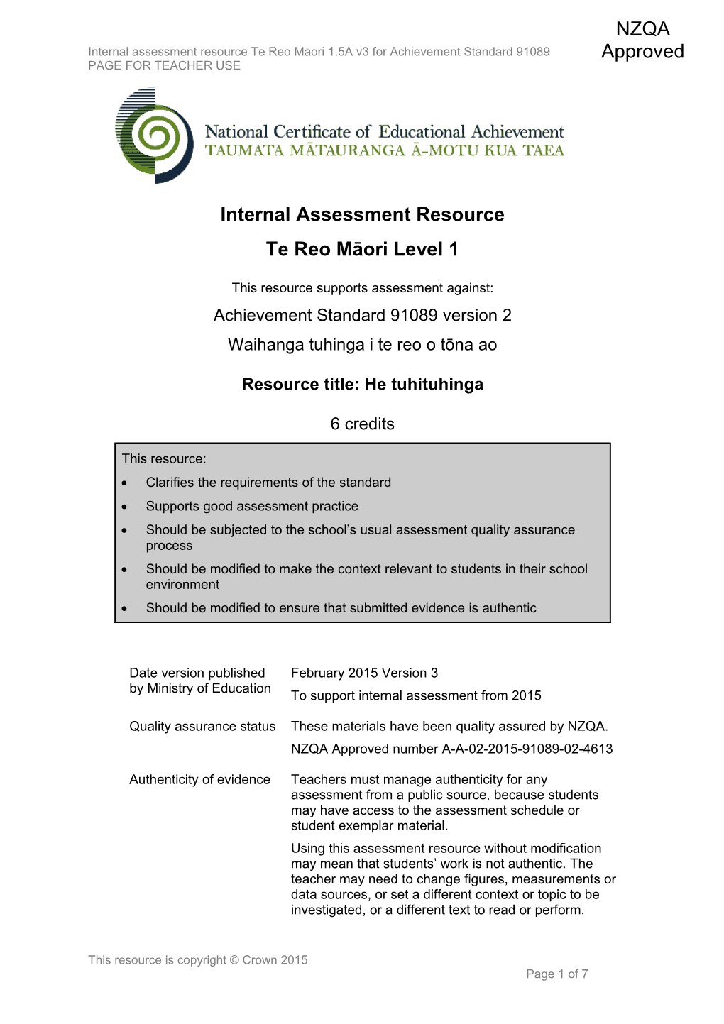 Level 1 Te Reo Māori Internal Assessment Resource