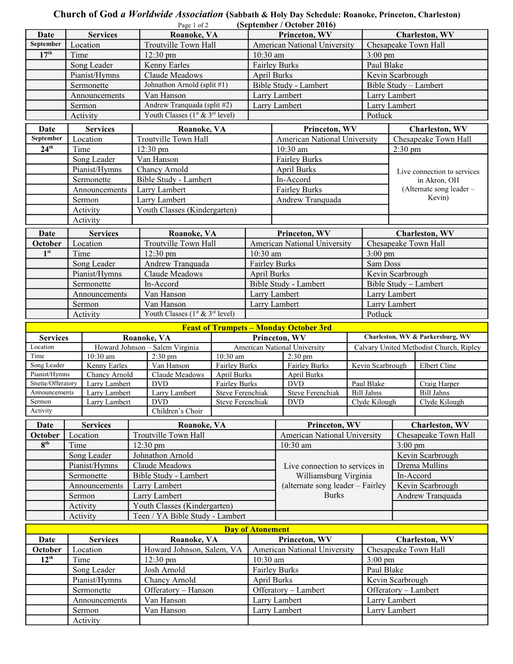 Church of God a Worldwide Association (Sabbath & Holy Day Schedule: Roanoke, Princeton