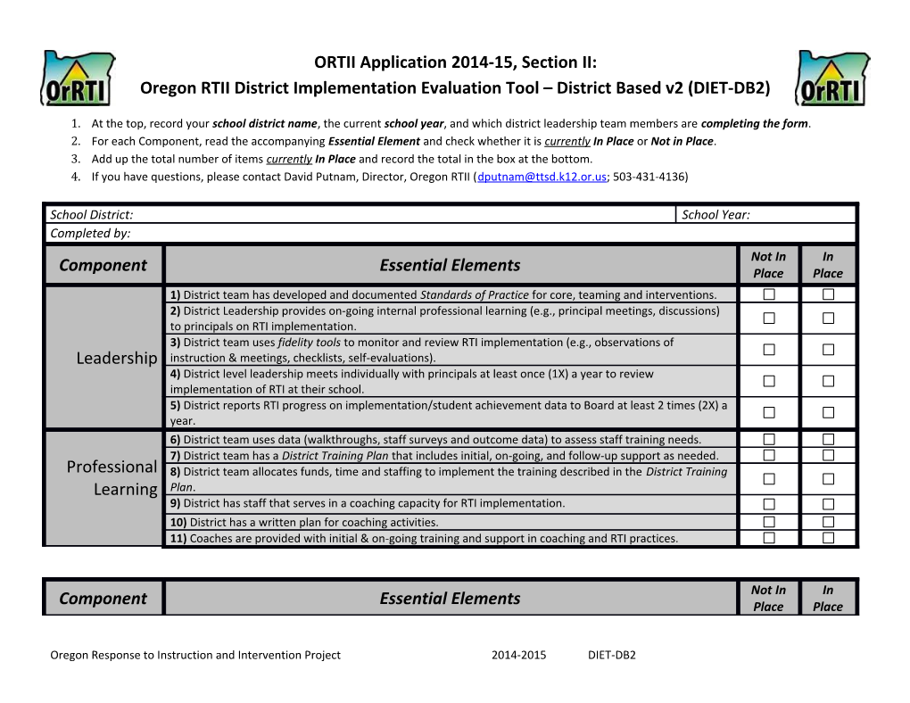 Oregon RTII District Implementation Evaluation Tool District Based V2(DIET-DB2)