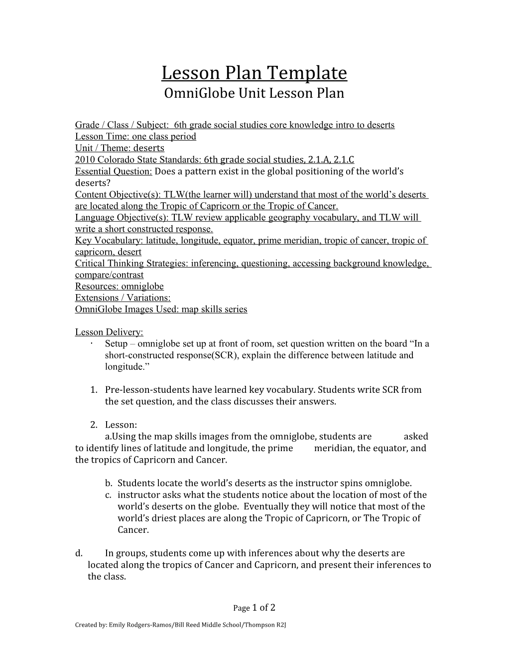 Omniglobe Unit Lesson Plan