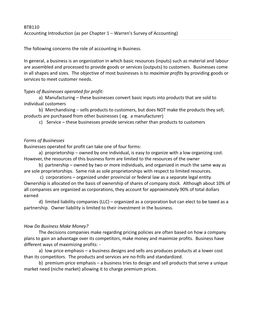 Accounting Introduction (As Per Chapter 1 Warren's Survey of Accounting)