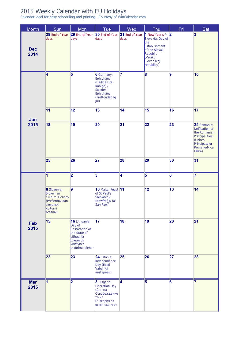 2015 Calendar with Holidays from Wincalendar.Com