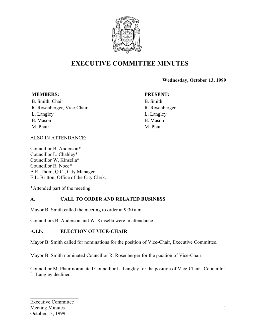 Minutes for Executive Committee October 13, 1999 Meeting