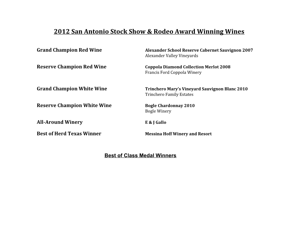 2012 San Antonio Stock Show & Rodeo Award Winning Wines