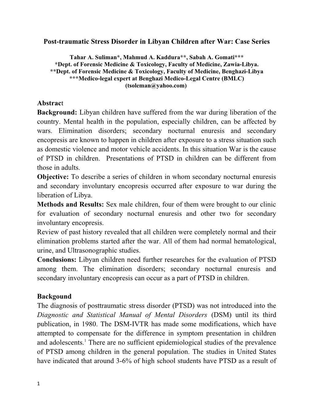 Post-Traumatic Stress Disorder in Libyan Children After War: Case Series