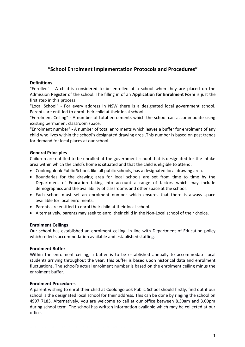 School Enrolment Implementation Protocols and Procedures