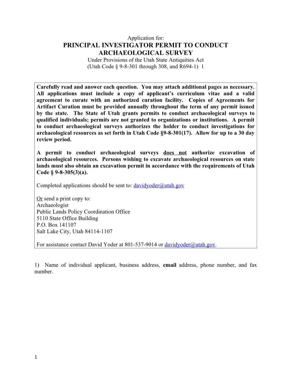 Principal Investigator Permit to Conduct Archaeological Survey