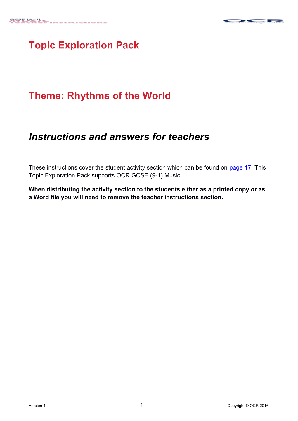 GCSE (9-1) Music Topic Exploration Pack (Rhythms of the World)