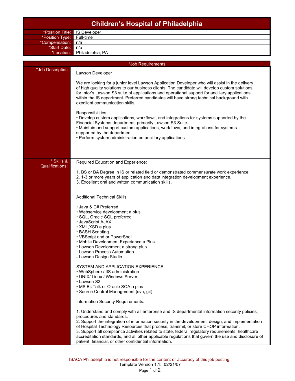ISACA Philadelphia Is Not Responsible for the Content Or Accuracy of This Job Posting