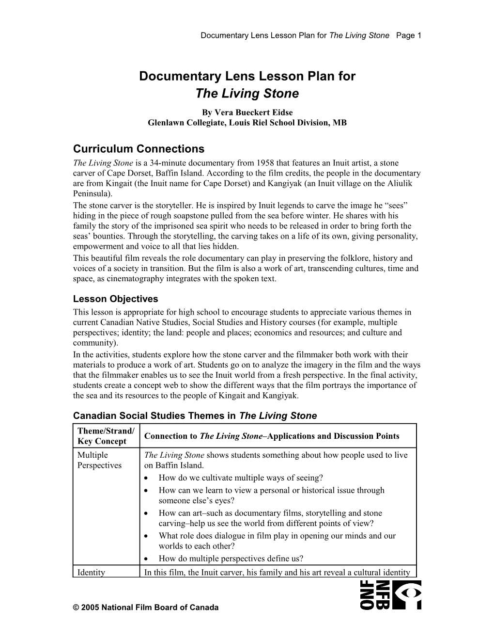 Documentary Lens Lesson Plan for the Living Stone Page 1