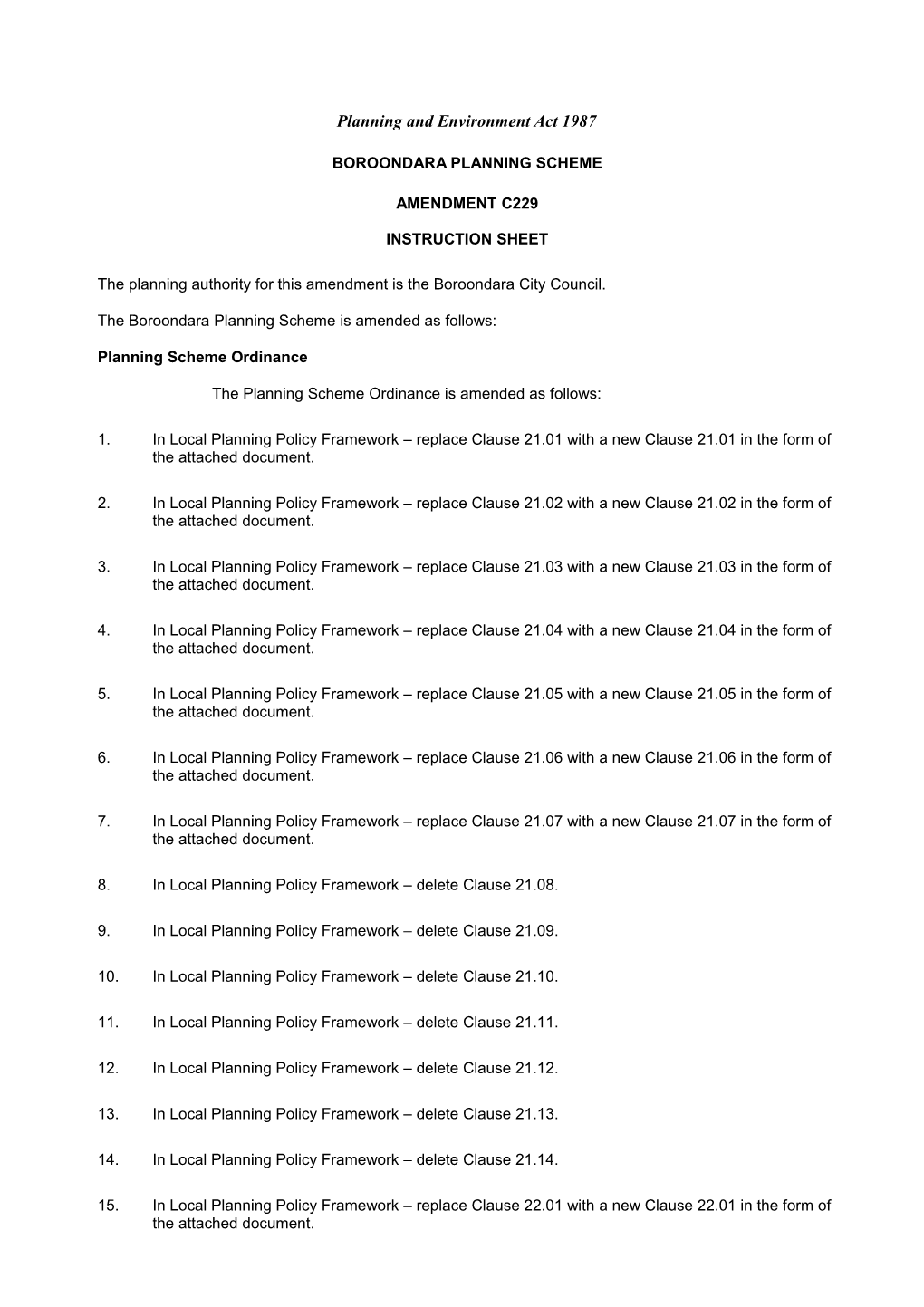 Amendment C229 - Instruction Sheet for Exhibition