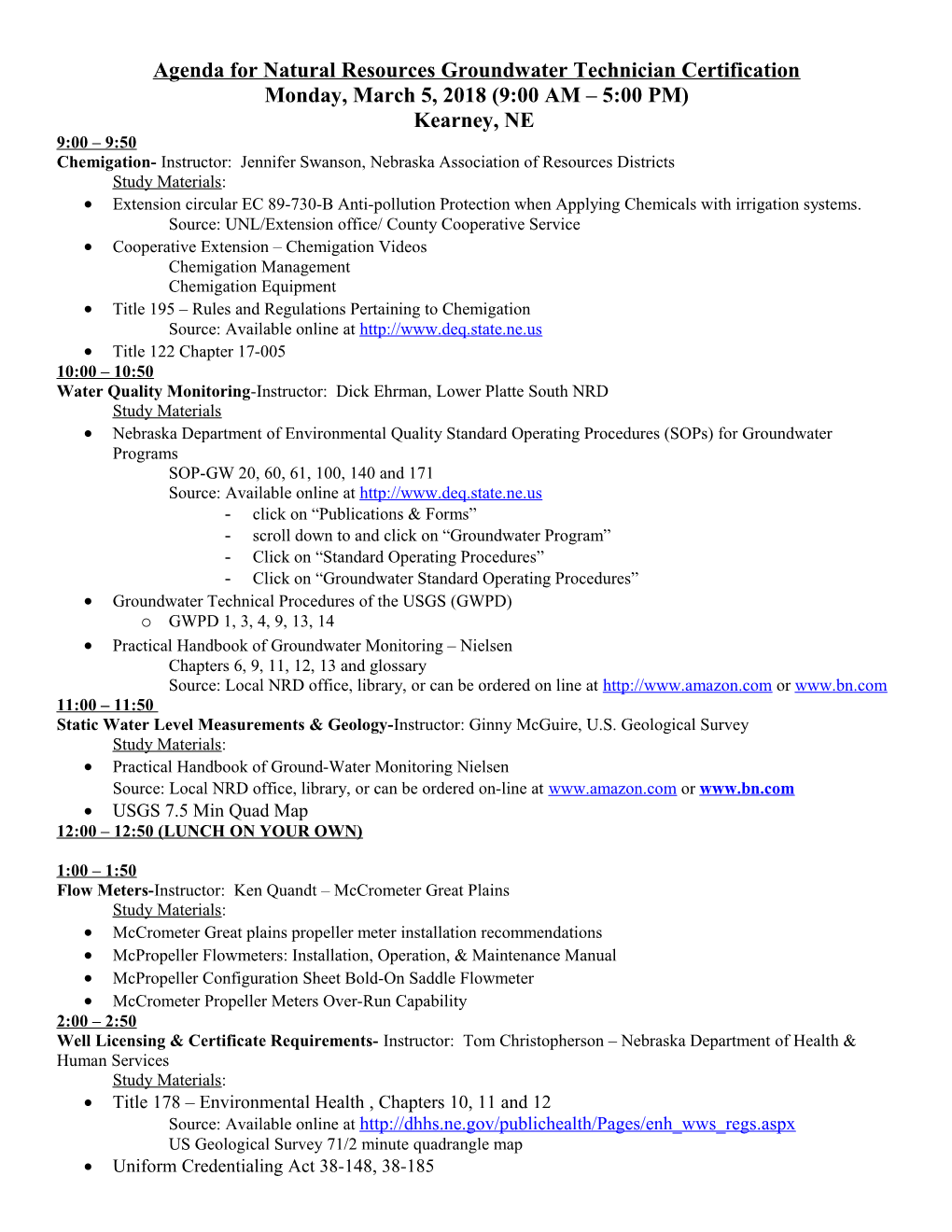 Agenda for Natural Resources Groundwater Technician Certification