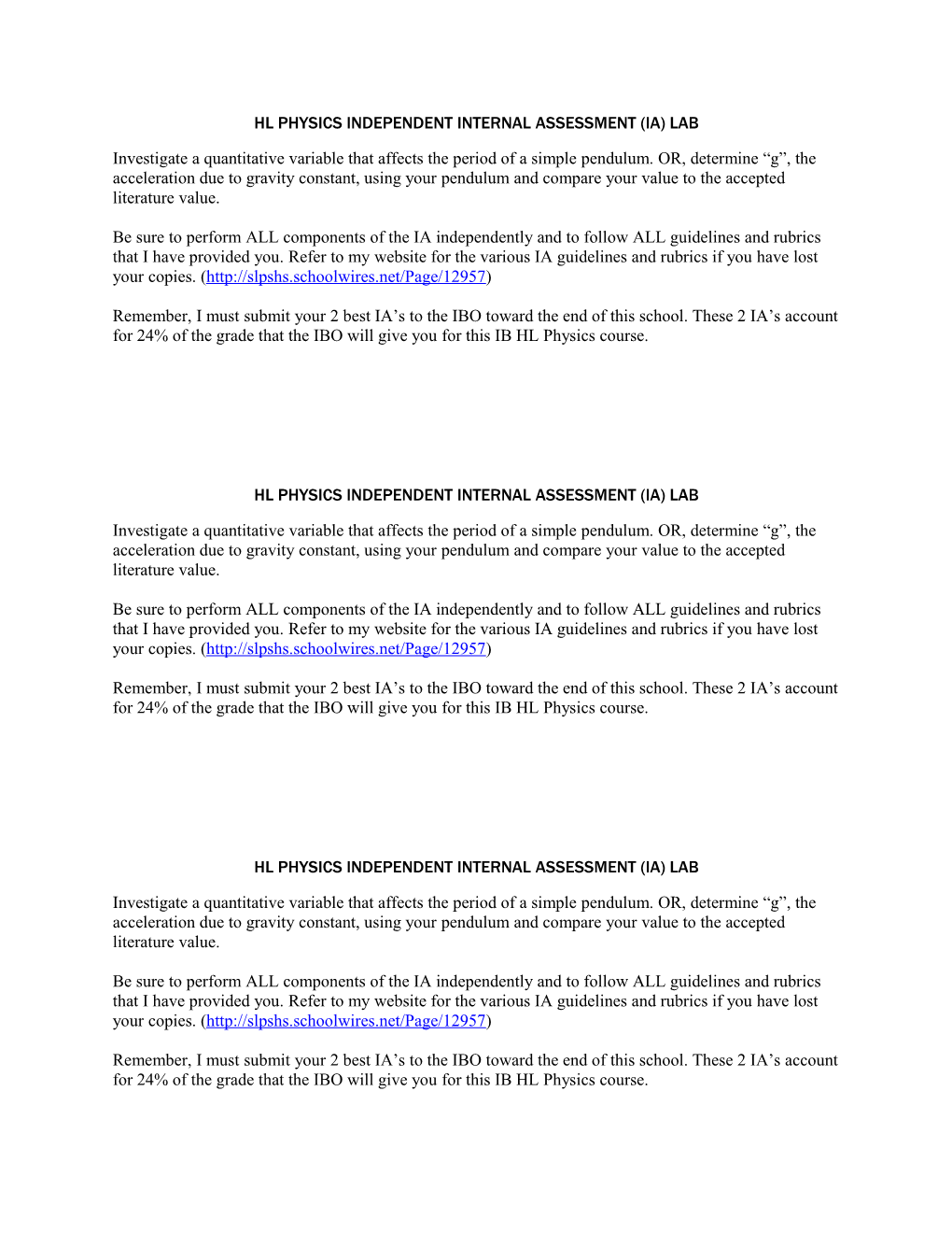 Hl Physics Independent Internal Assessment (Ia) Lab