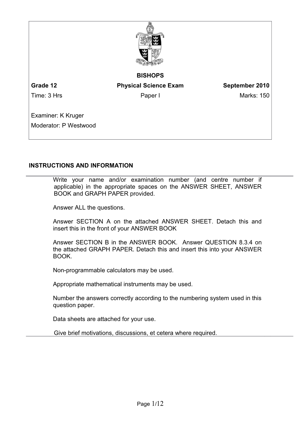 Grade 12Physical Science Examseptember 2010