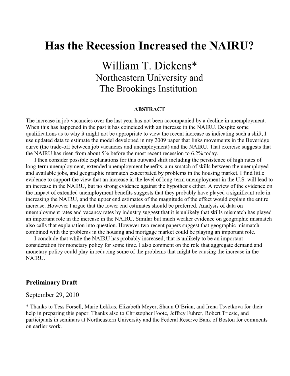 Has the Recession Increased the NAIRU?