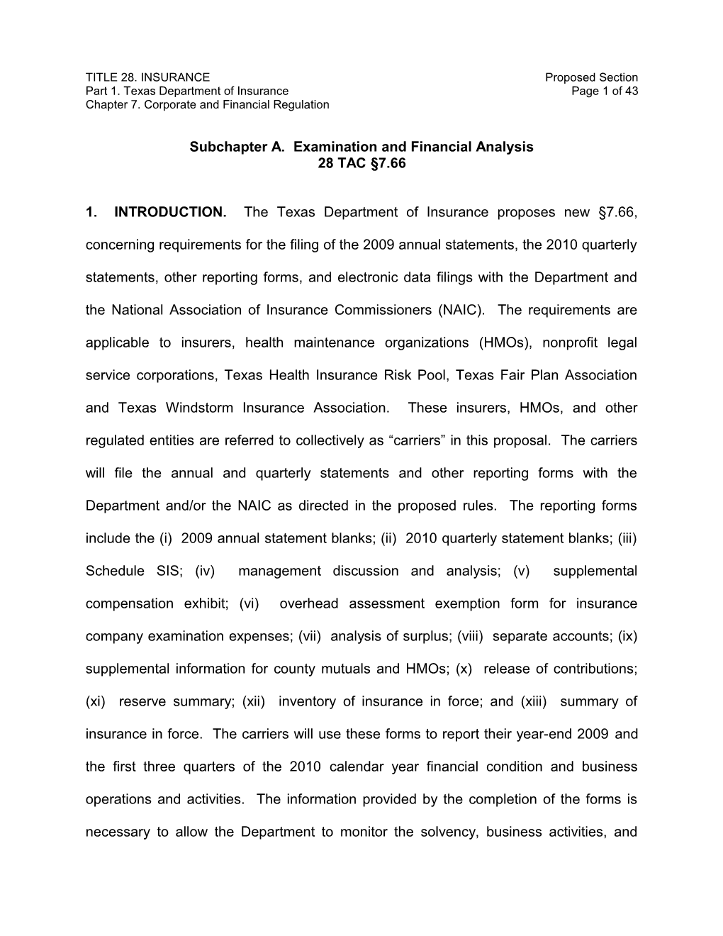 TITLE 28. INSURANCE Proposed Section