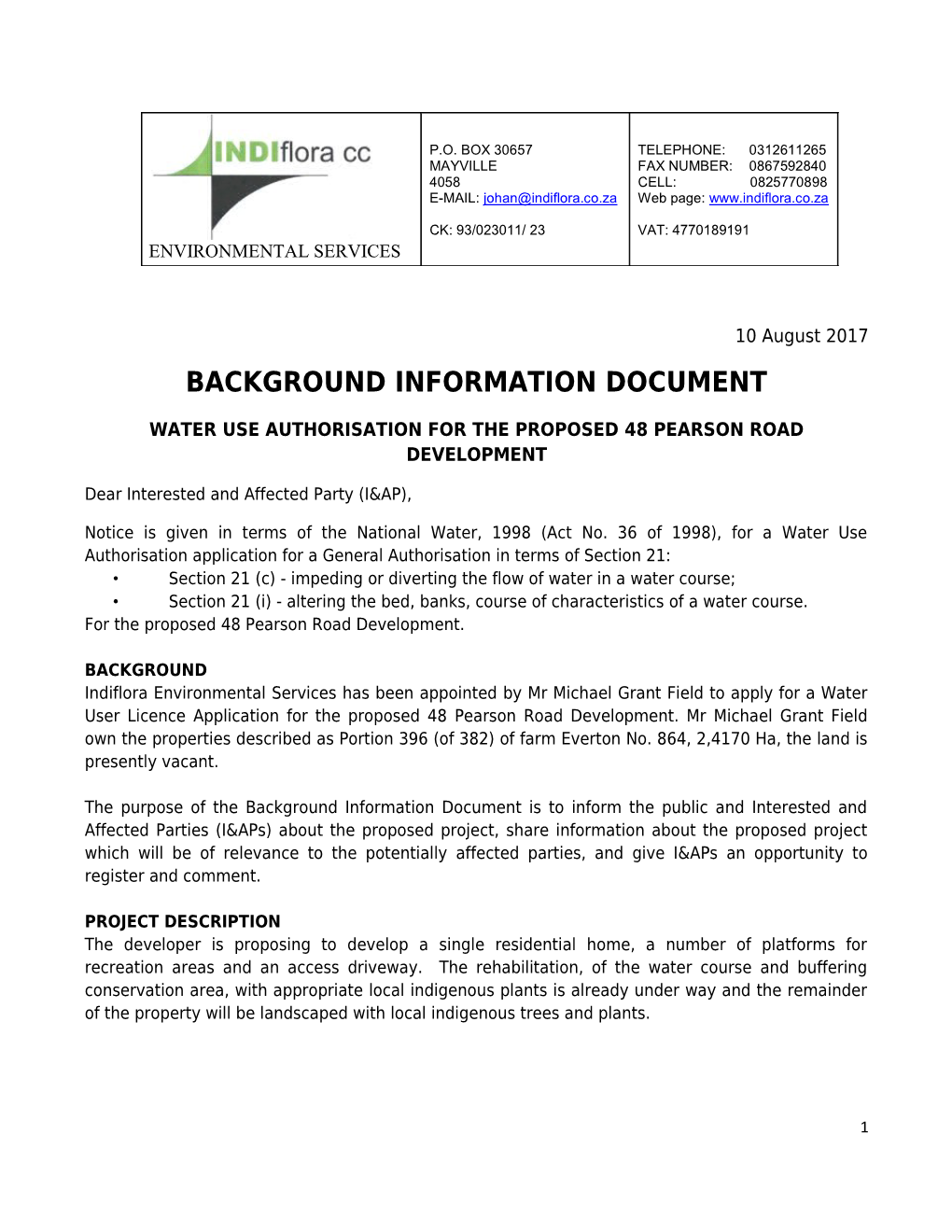 Water Use Authorisation for the Proposed 48 Pearson Road Development